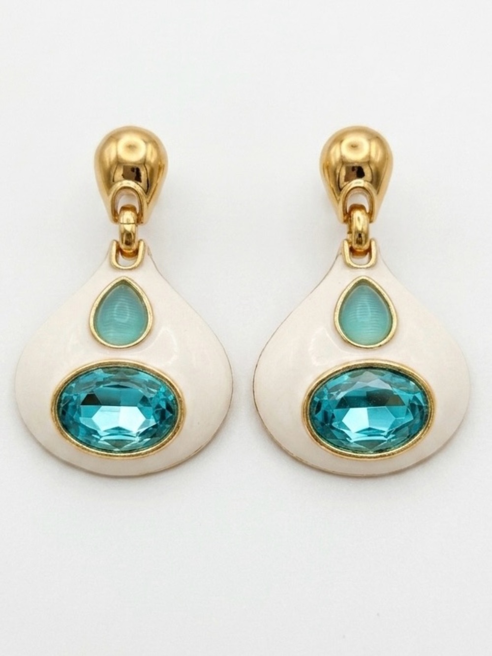Aquamarine Blue  Austrian Crystal White Enamel Drop Earrings - Limited Edition